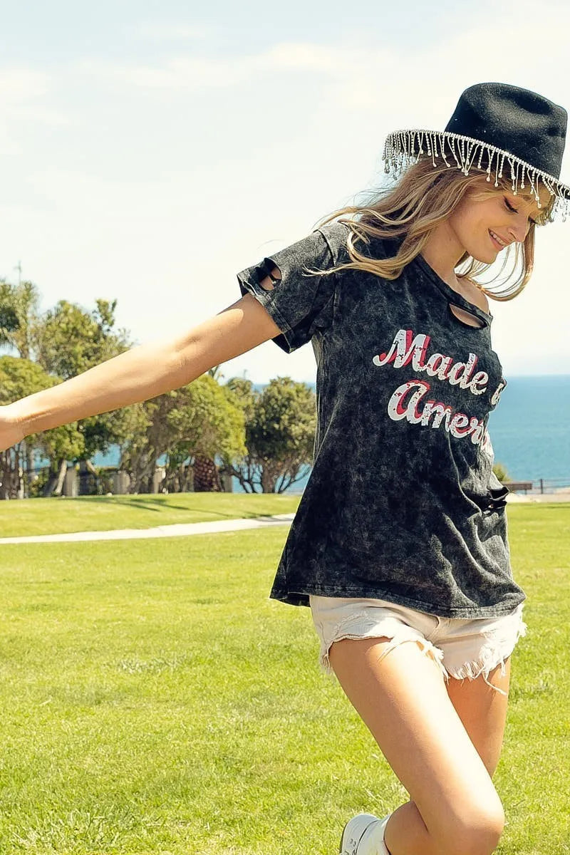 BiBi Laser Cut Mineral Washed America Print Top - Love Salve